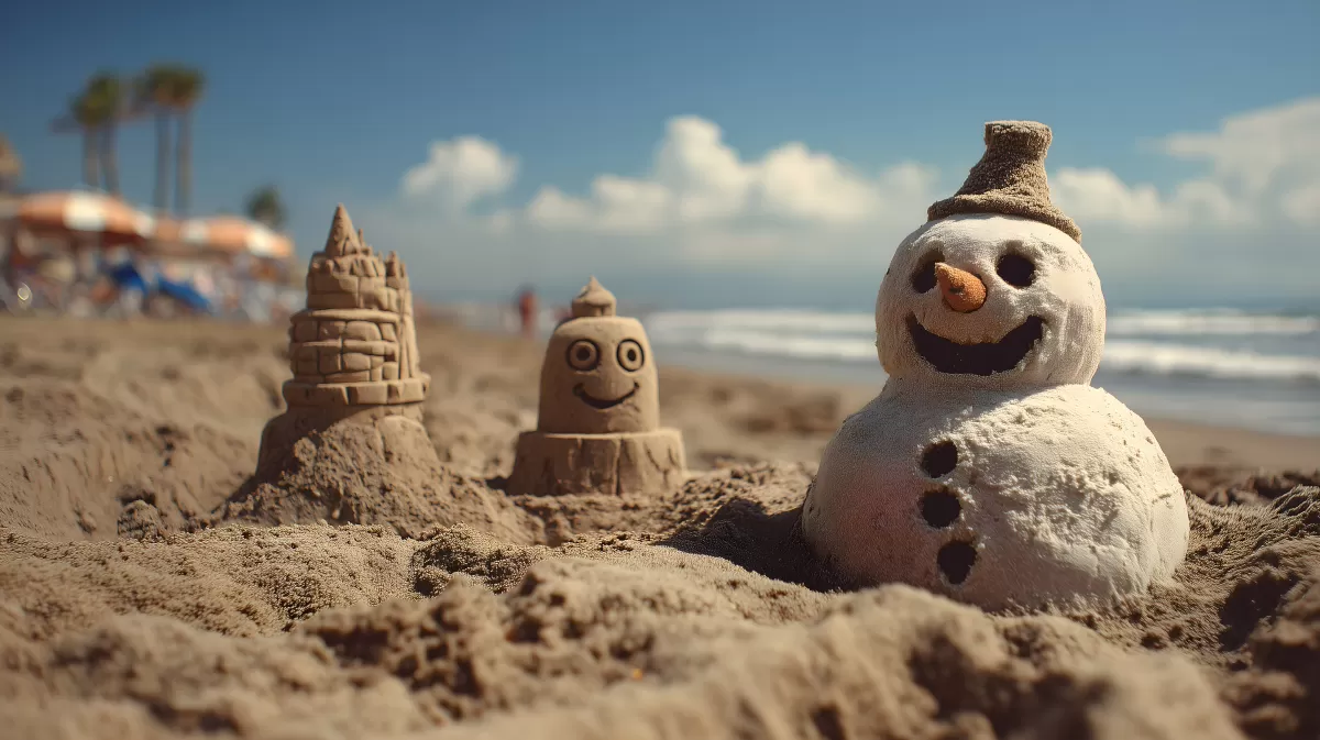 Schneemannfigur aus Sand am Strand in warmer Atmosphäre