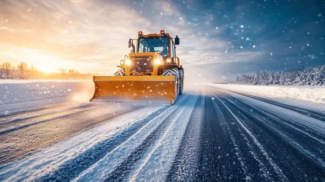 Schneepflug räumt Straße bei winterlicher Sonnenuntergangsstimmung