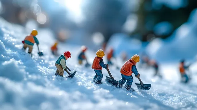 Schneeschaufelnde Figuren in winterlicher Landschaft