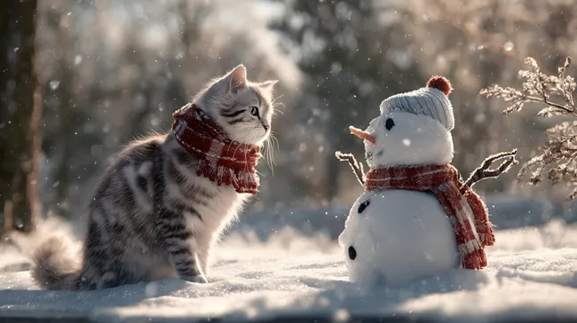 Schneespaß mit Kätzchen und Schneemann