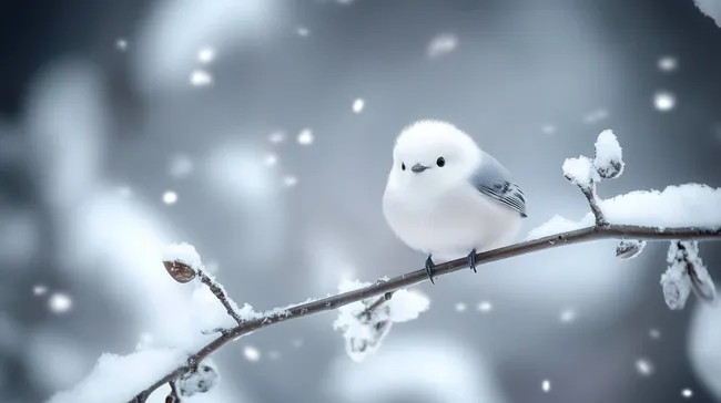 Schneevogel auf schneebedecktem Ast in winterlicher Umgebung