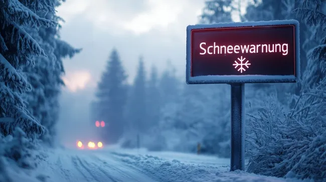 Schneewarnung an verschneiter Waldstraße