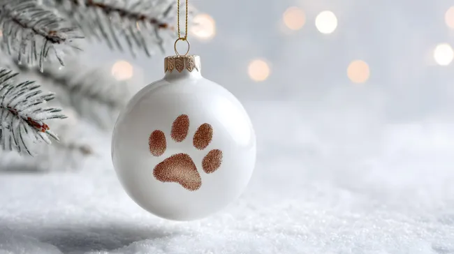 Schneeweiße Weihnachtskugel mit Pfotenmotiv