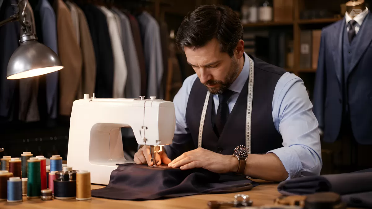 Schneider arbeitet konzentriert an Nähmaschine im Atelier