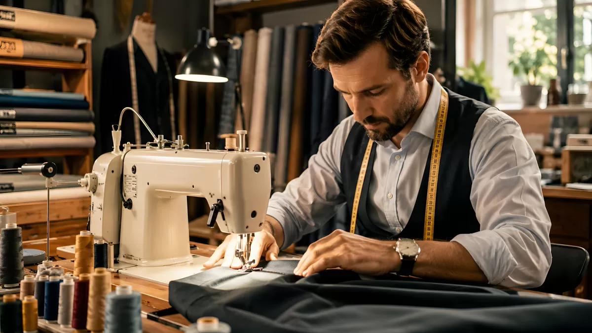 Schneider konzentriert an Nähmaschine im Atelier