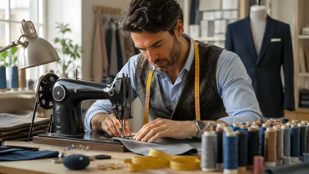 Schneider näht fokussiert an Nähmaschine im Atelier