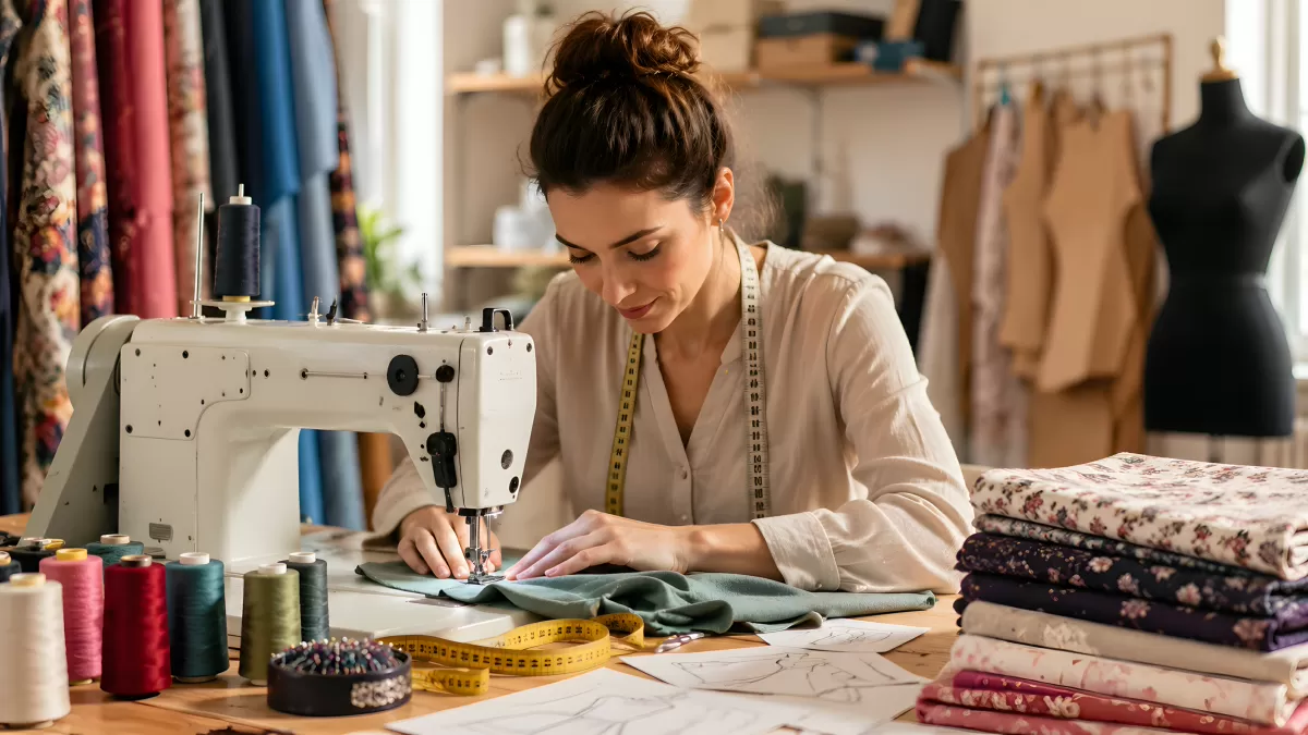 Schneiderin näht fokussiert an Maschine im Atelier