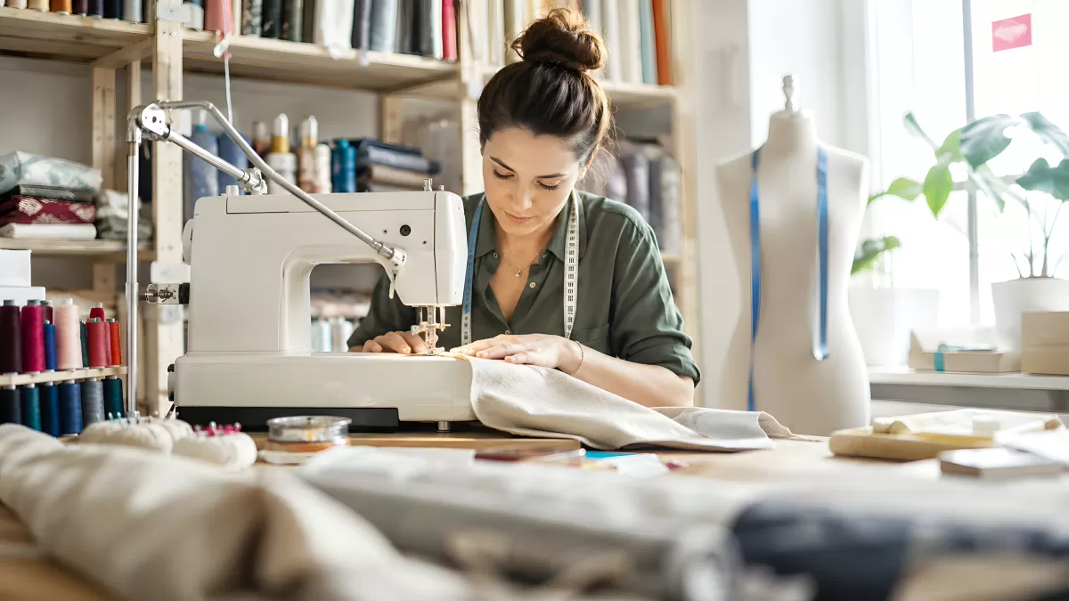 Schneiderin näht Stoff an weißer Nähmaschine im Atelier