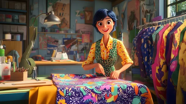 Schneidermeisterin in buntem Kreativstudio