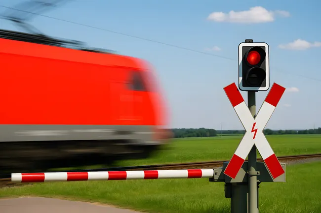Schnell vorbeifahrender Zug an Bahnschranke