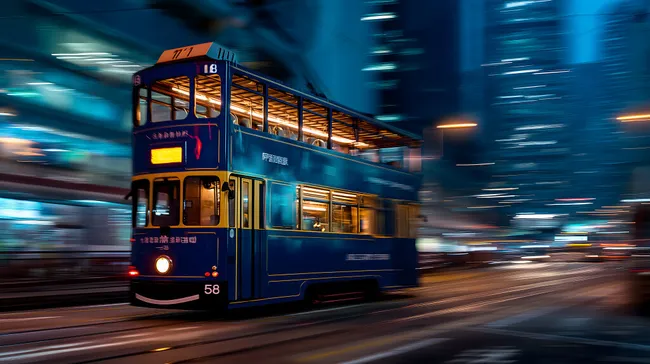 Schnelle Straßenbahn bei Nacht in Hong Kong