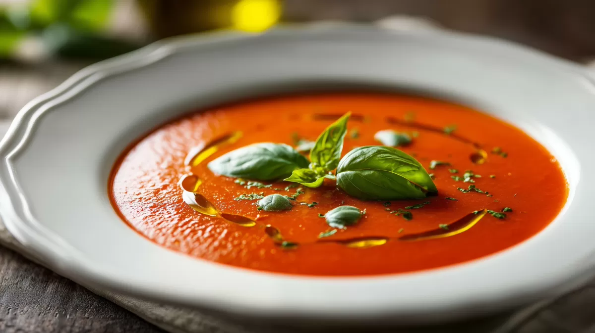 Schnelle Tomatensuppe mit Basilikum und Olivenöl