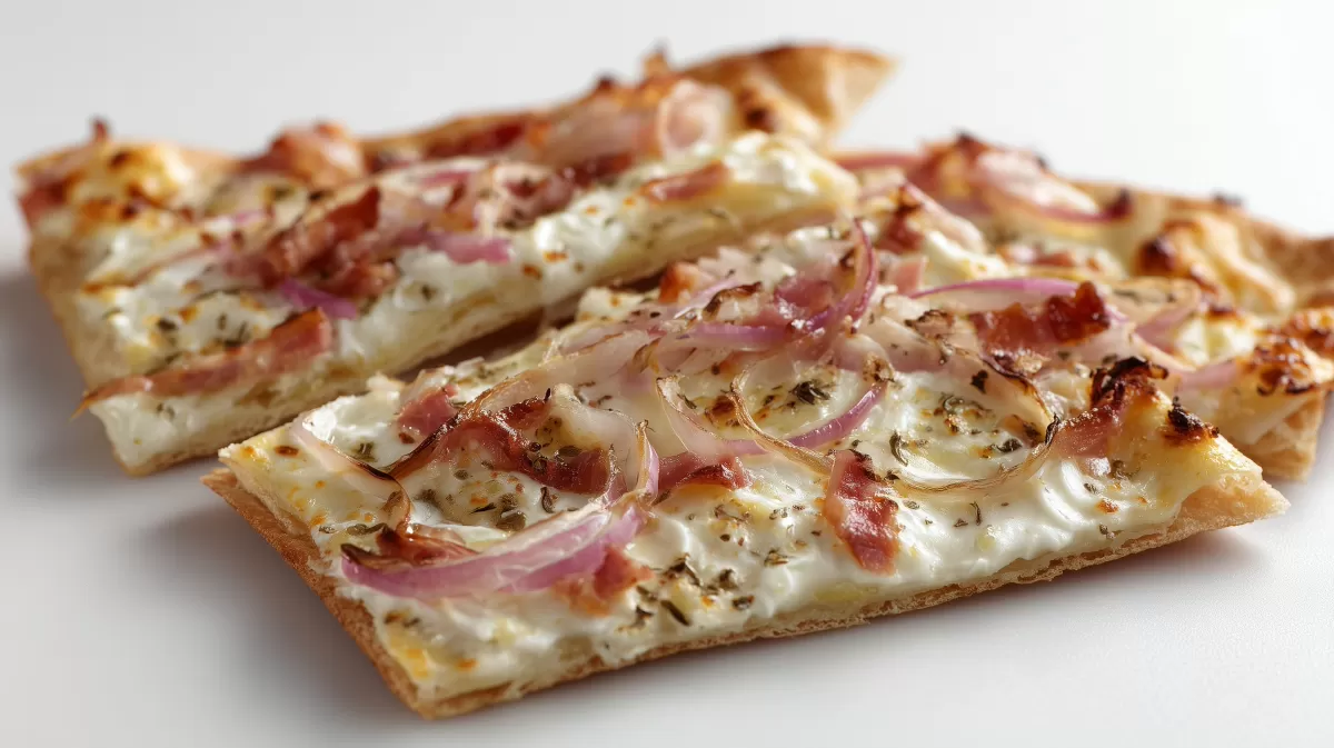 Schneller Flammkuchen mit Speck und roten Zwiebeln