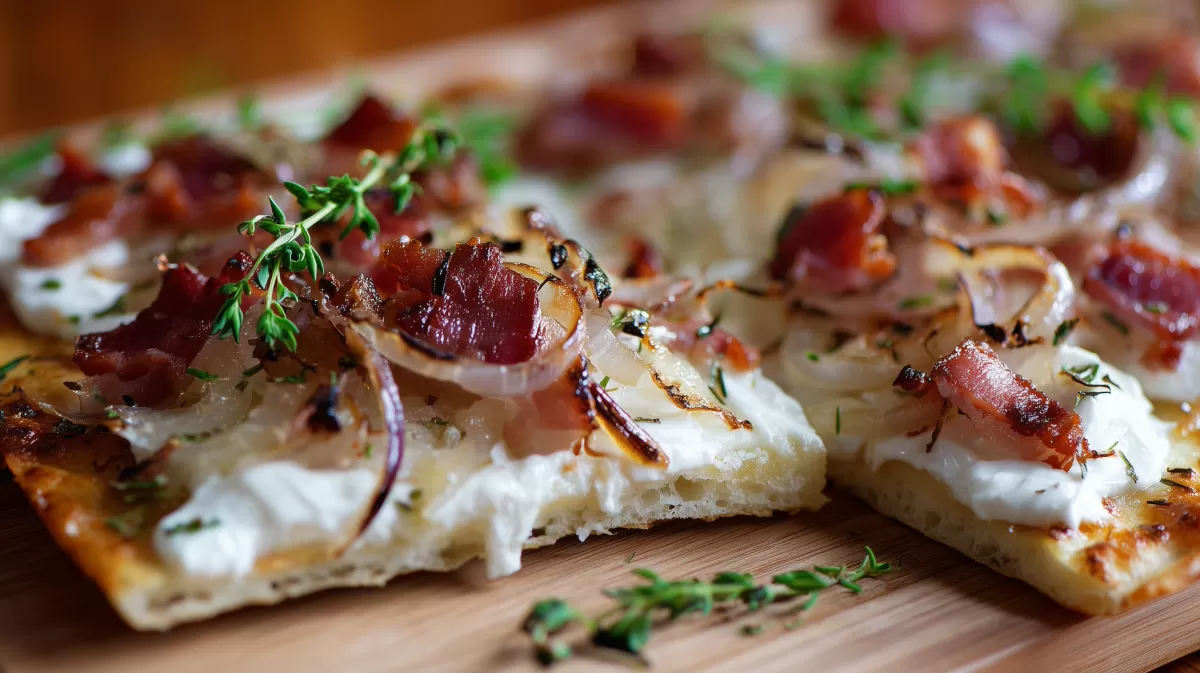 Schneller Flammkuchen mit Speck und Zwiebeln