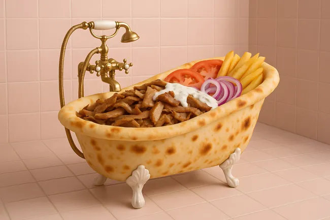 Schnelles Fastfood-Gericht in rustikaler Badewanne