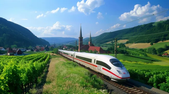 Schnellzug auf malerischer Bahnstrecke durch idyllische Landschaft