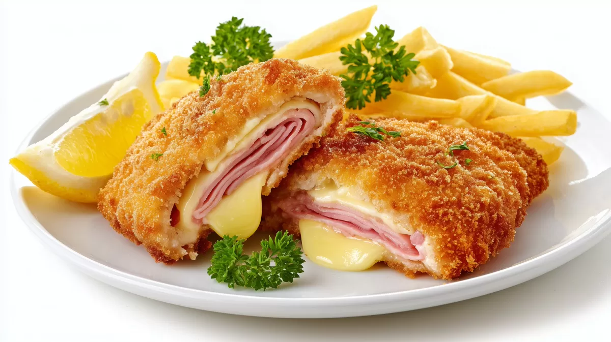 Schnitzel Cordon Bleu mit Pommes und Zitrone