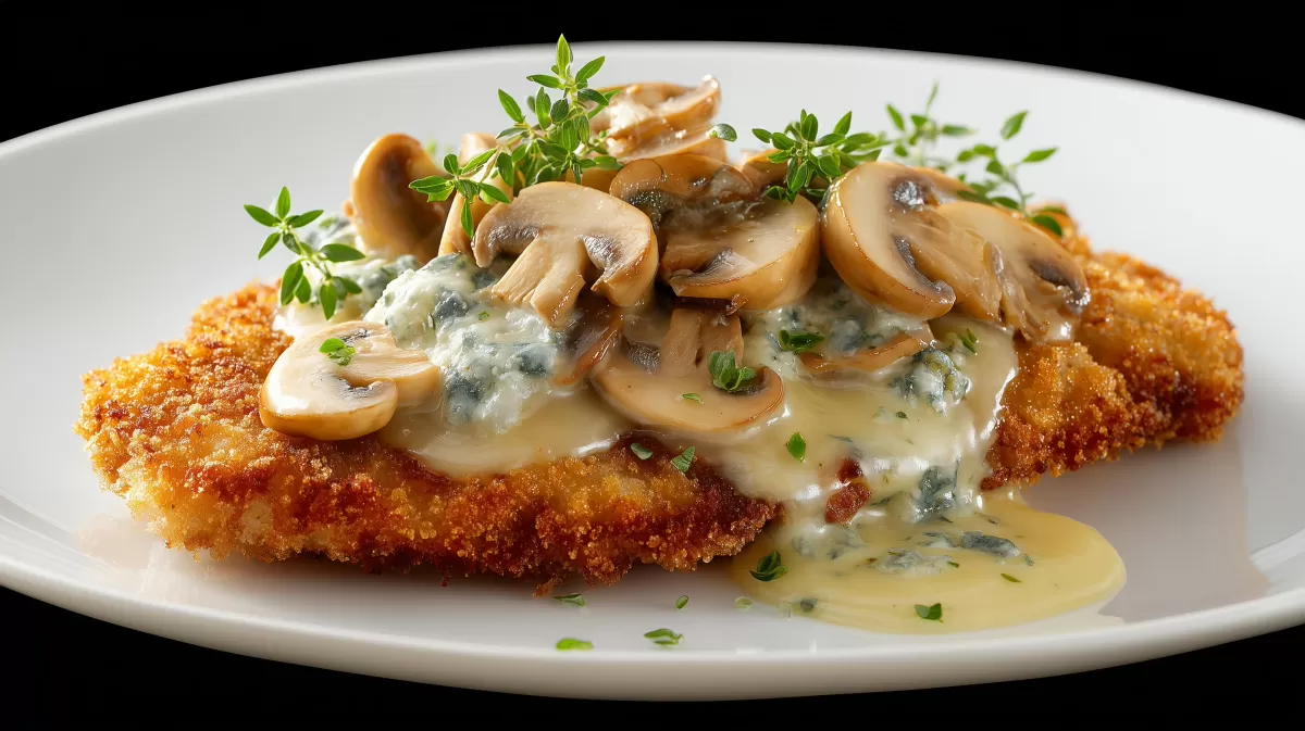 Schnitzel mit Champignon Gorgonzola Haube auf Teller