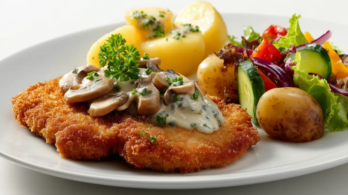 Schnitzel mit Champignon-Gorgonzola, Kartoffeln & Salat