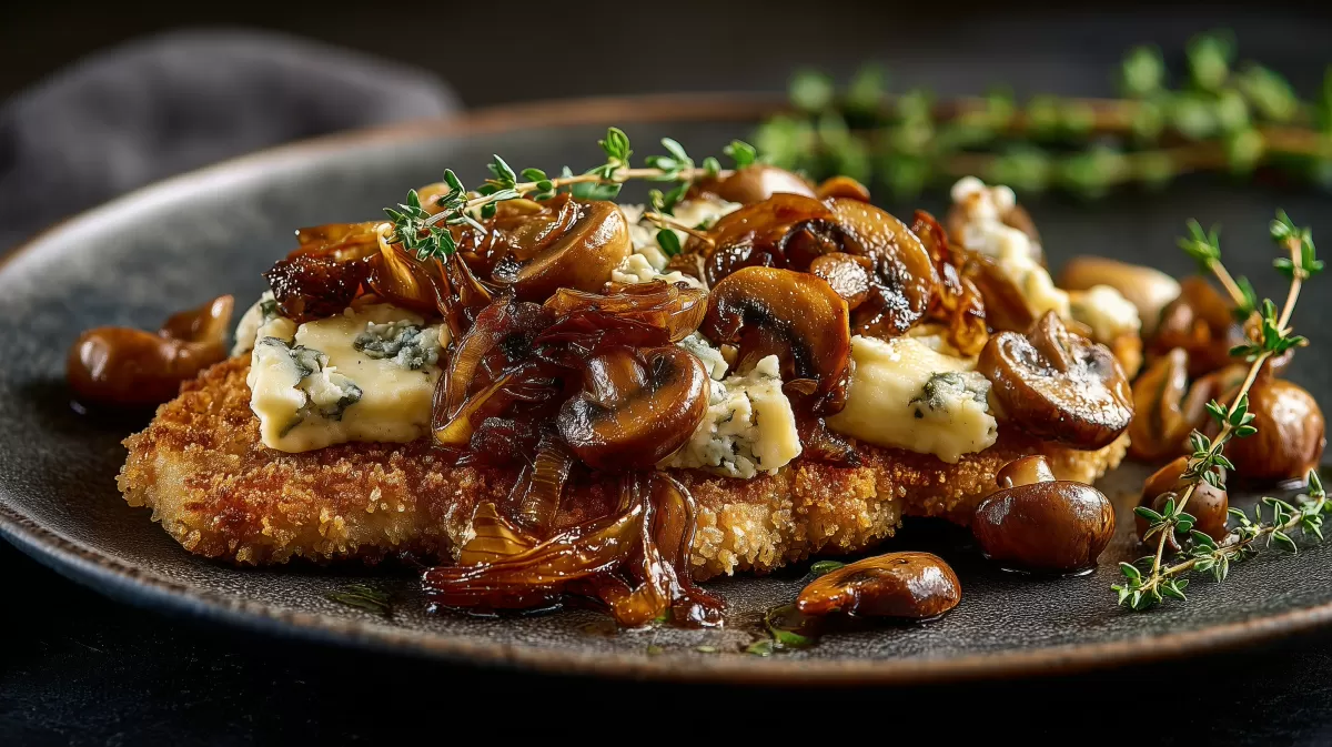 Schnitzel mit Champignon-Gorgonzola-Kruste auf Teller
