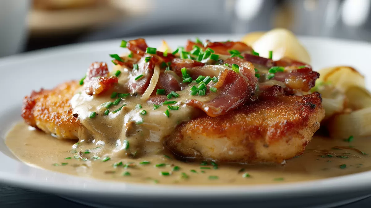 Schnitzel nach Elsässer Art mit Speck und Sahnesauce