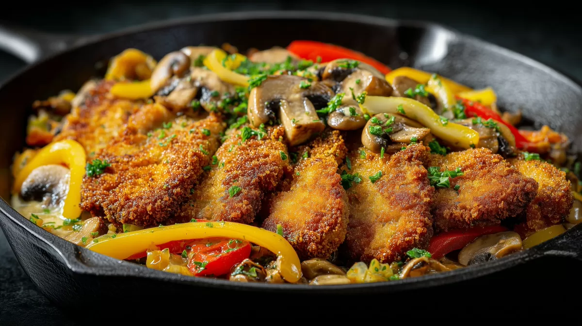 Schnitzelpfanne mit Pilzen und buntem Paprika