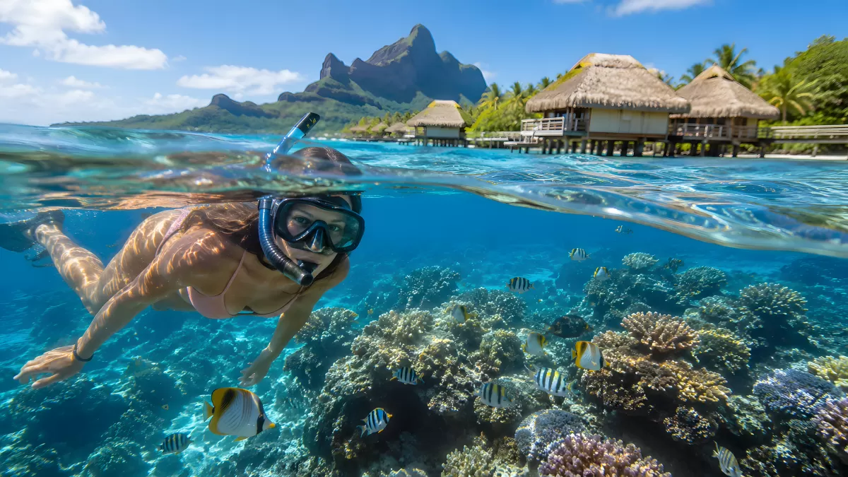 Schnorcheln über Korallenriff mit Bungalows in Bora Bora