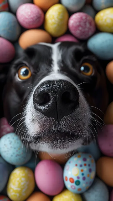 Schnuppernde Hundeschnauze zwischen bunten Ostereiern