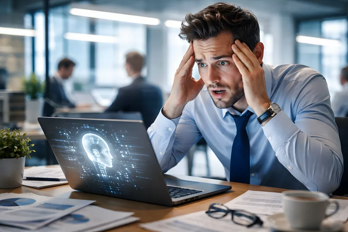 Schockierter Geschäftsmann reagiert auf KI am Laptop