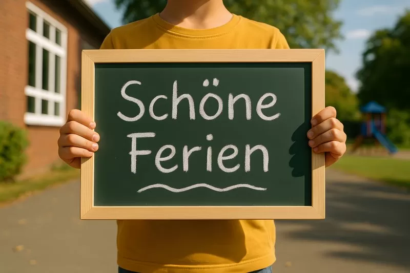 Schöne Ferien Tafel vor Schule mit Kind in gelbem Shirt