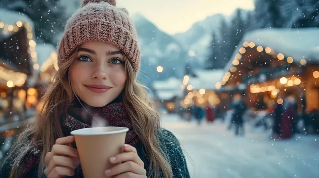 Schöne Frau mit heißem Getränk auf verschneitem Weihnachtsmarkt