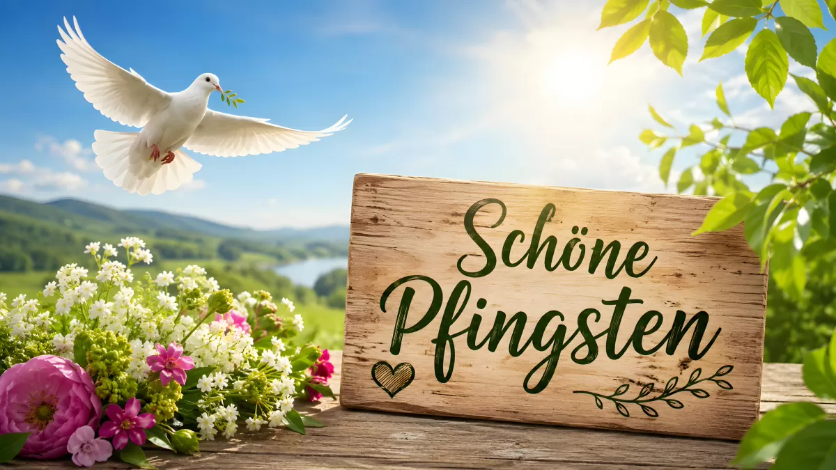 Schöne Pfingsten Holzschild mit Taube und Frühlingsblumen