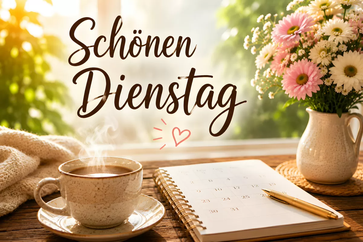 Schönen Dienstag – Kaffee, Kalender und Blumen am Morgen