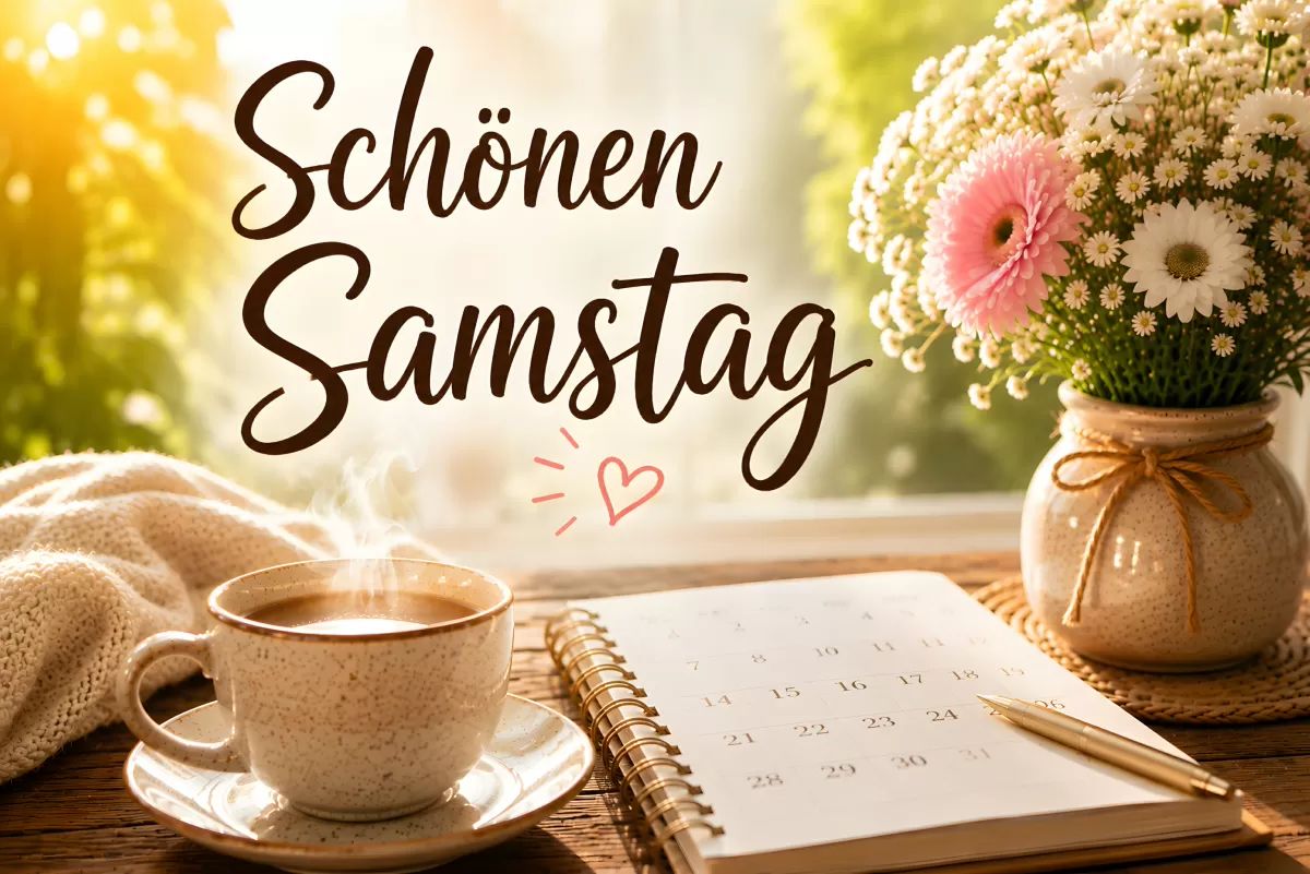 Schönen Samstag – Kaffee, Kalender und Blumen am Morgen