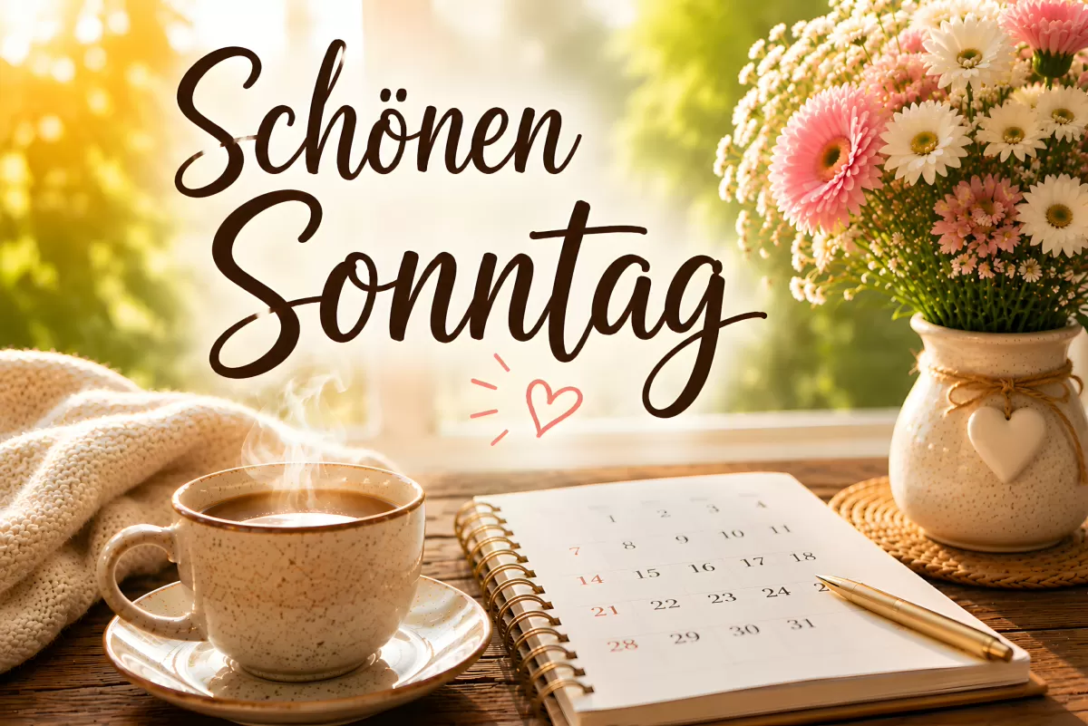 Schöner Sonntag Grußkarte mit Kaffee und Blumen