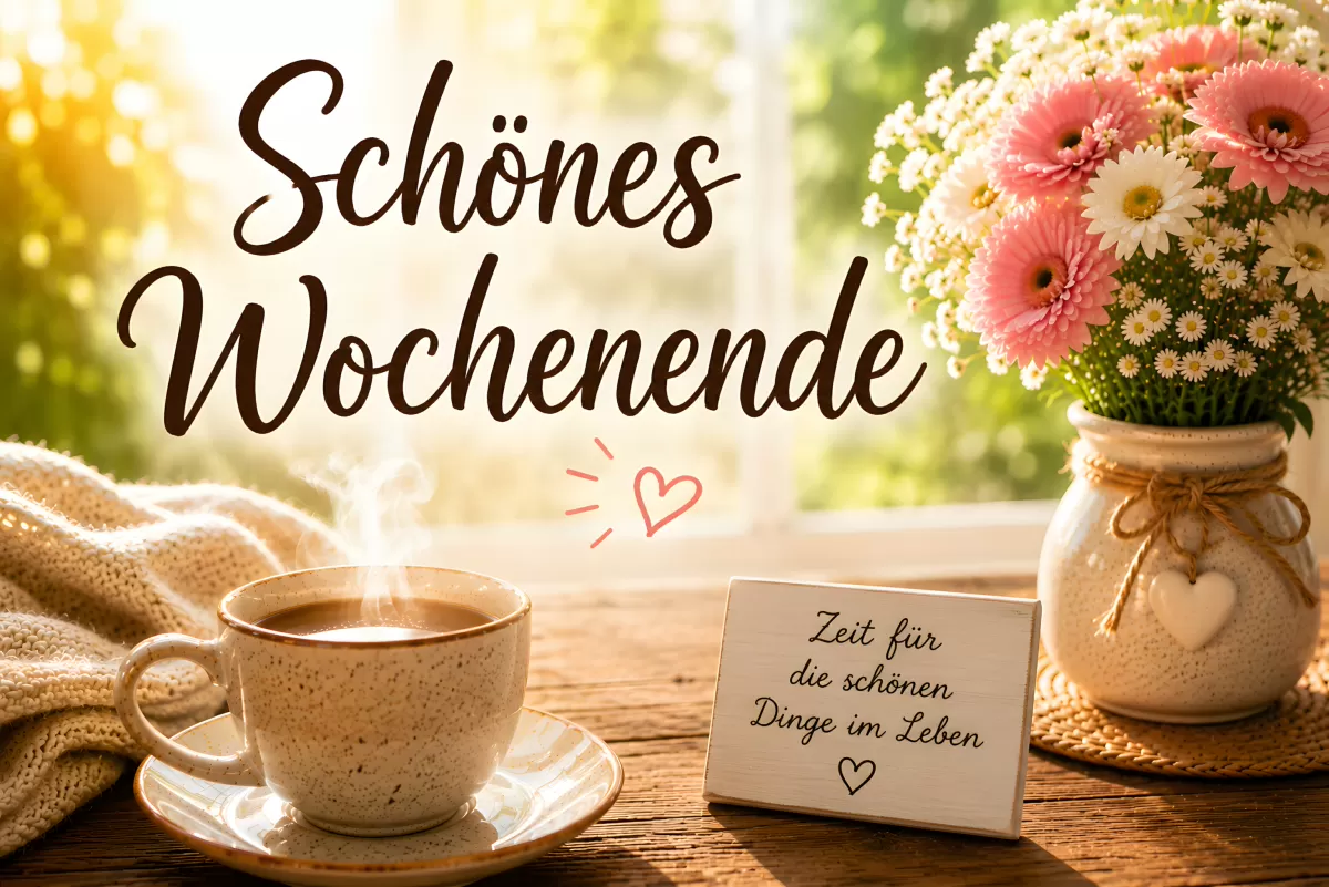 Schönes Wochenende – Kaffee und Blumen am Morgen