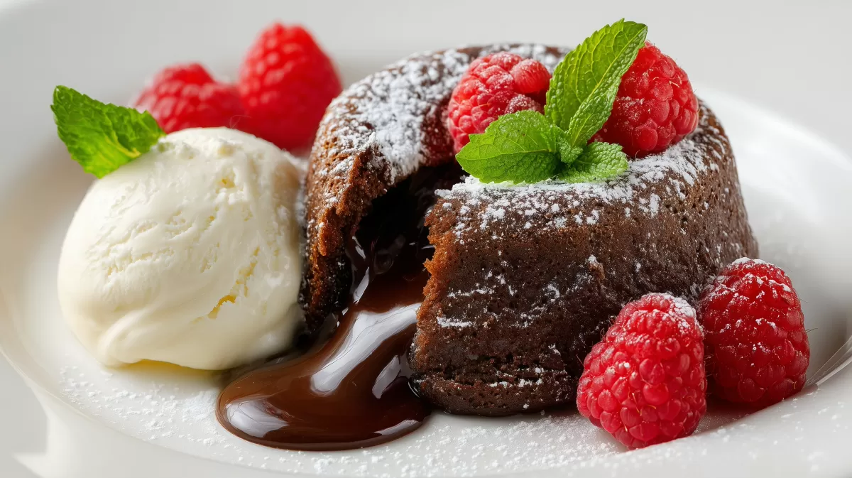 Schoko Lava Cake mit Vanilleeis und Himbeeren
