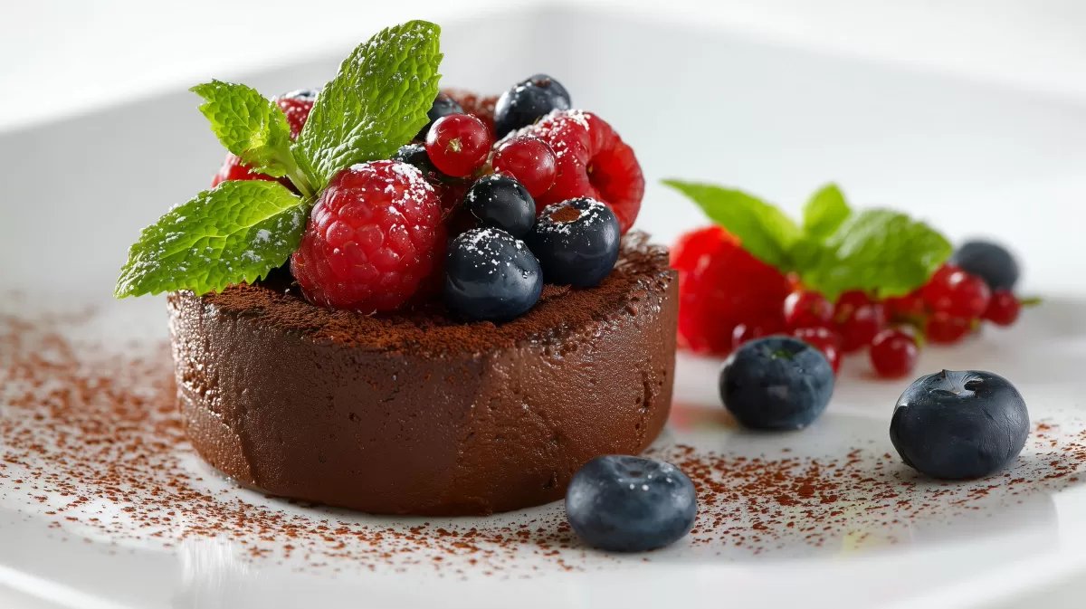 Schoko Mousse mit Beeren und frischer Minze
