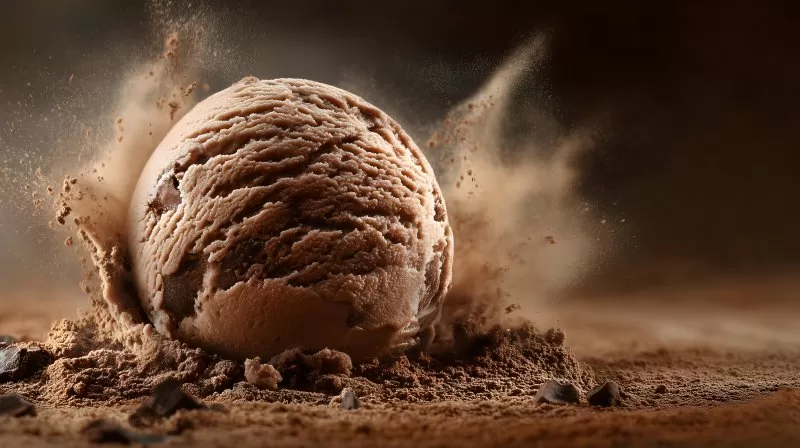 Schokoeiskugel mit Kakaopulver in dynamischer Bewegung