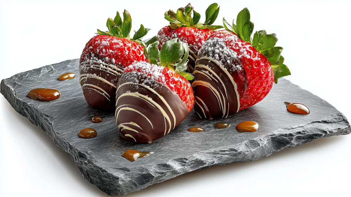 Schokoerdbeeren auf Schieferplatte vor weißem Hintergrund