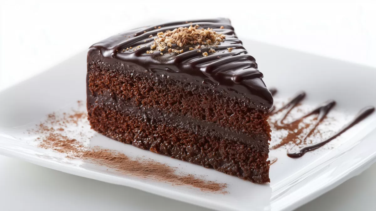 Schokokuchen mit Ganache-Glasur auf weißem Teller