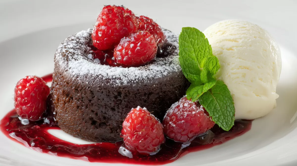 Schokolade Molten Cake mit Himbeercoulis und Eis