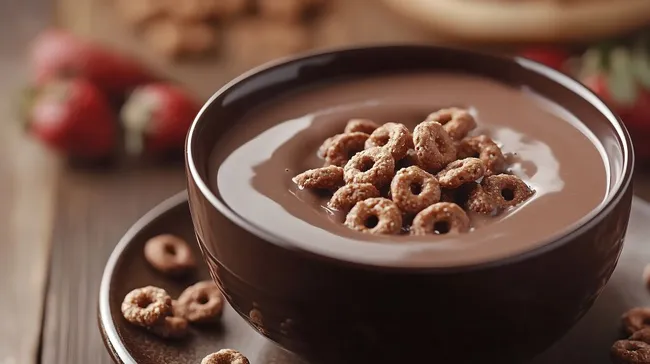 Schokoladen-Cerealien in Schale mit Erdbeeren