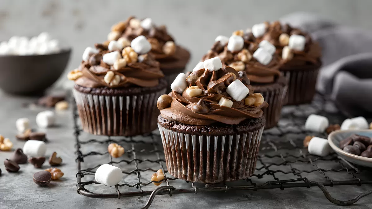 Schokoladen-Cupcakes mit Marshmallows und Walnüssen