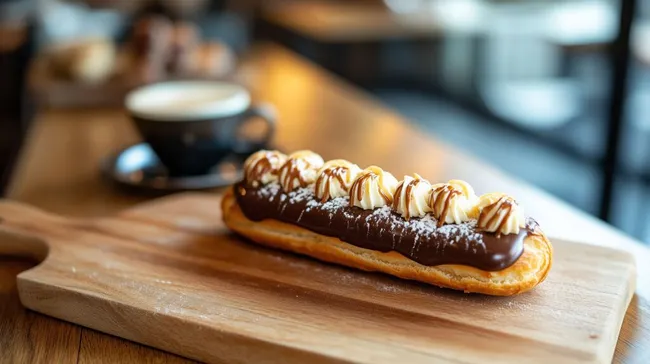 Schokoladen-Eclaire auf Holzbrett mit Kaffeetasse