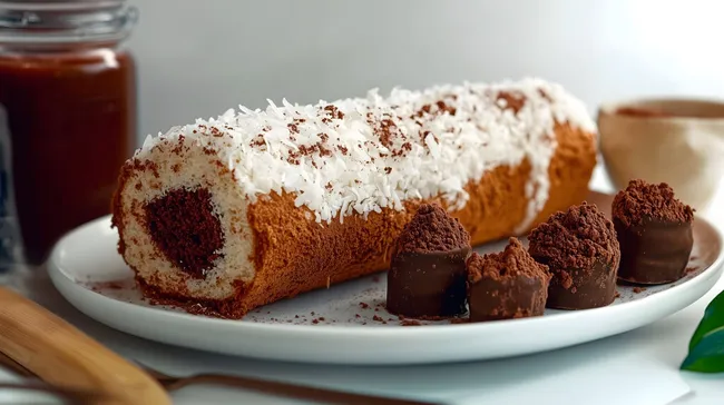 Schokoladen-Kokos-Biskuitrolle auf Teller