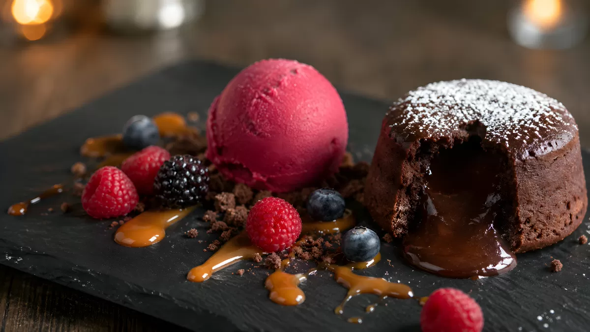 Schokoladen-Lava-Cake mit Beerensorbet auf Schieferplatte