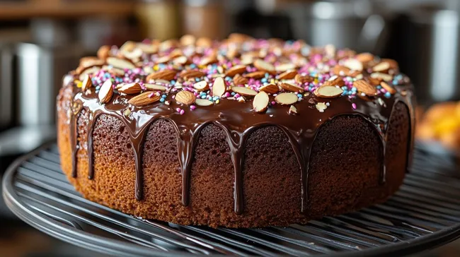 Schokoladen-Mandel-Kuchen mit bunter Glasur