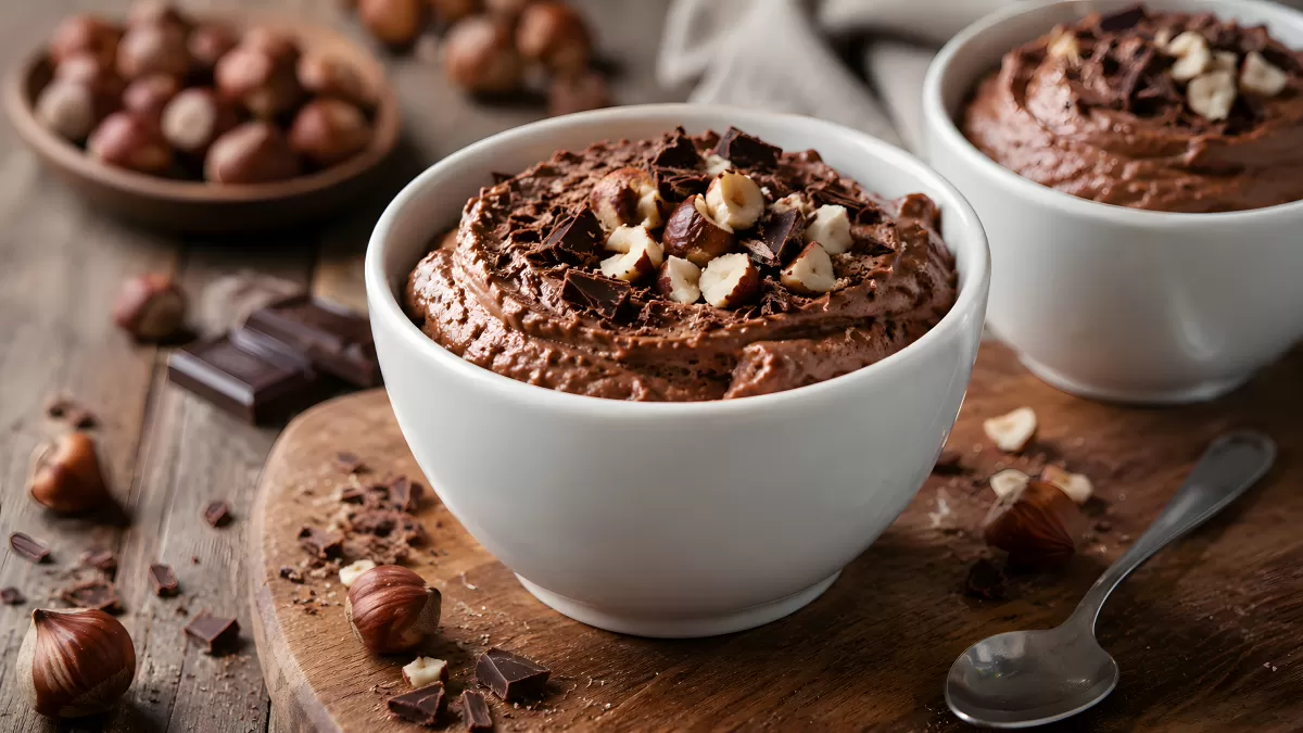 Schokoladen-Mousse mit Haselnüssen in weißen Schalen