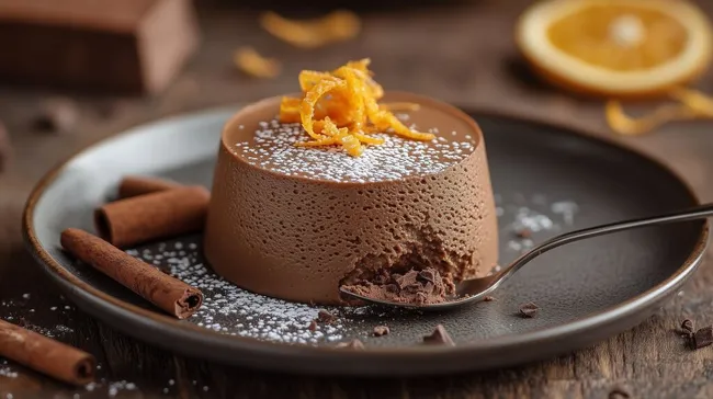 Schokoladen-Orangen-Mousse auf rustikalem Teller